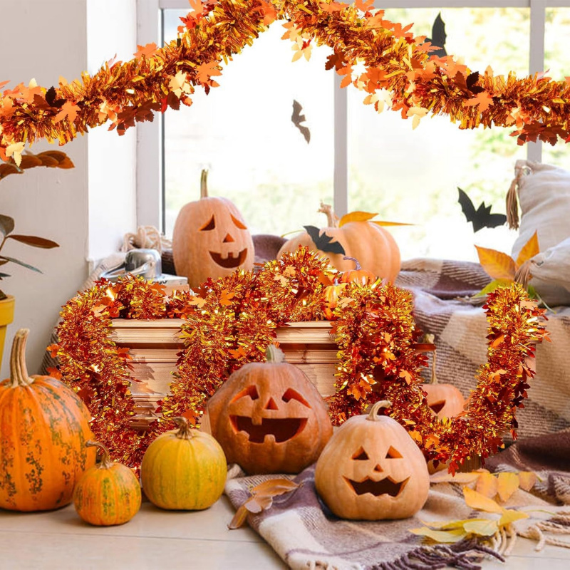 Tinsel Garland Decoration - قطعتان من زينة أوراق القيقب البرتقالية